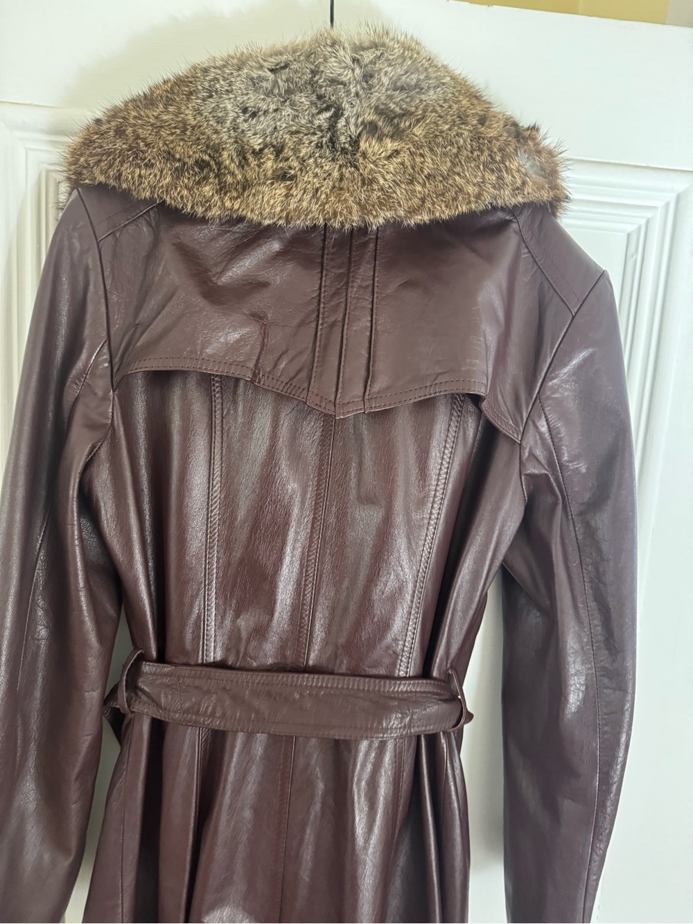 1970s Leather Trench Coat with rabbit Fur Collar - Picture 3 of 6